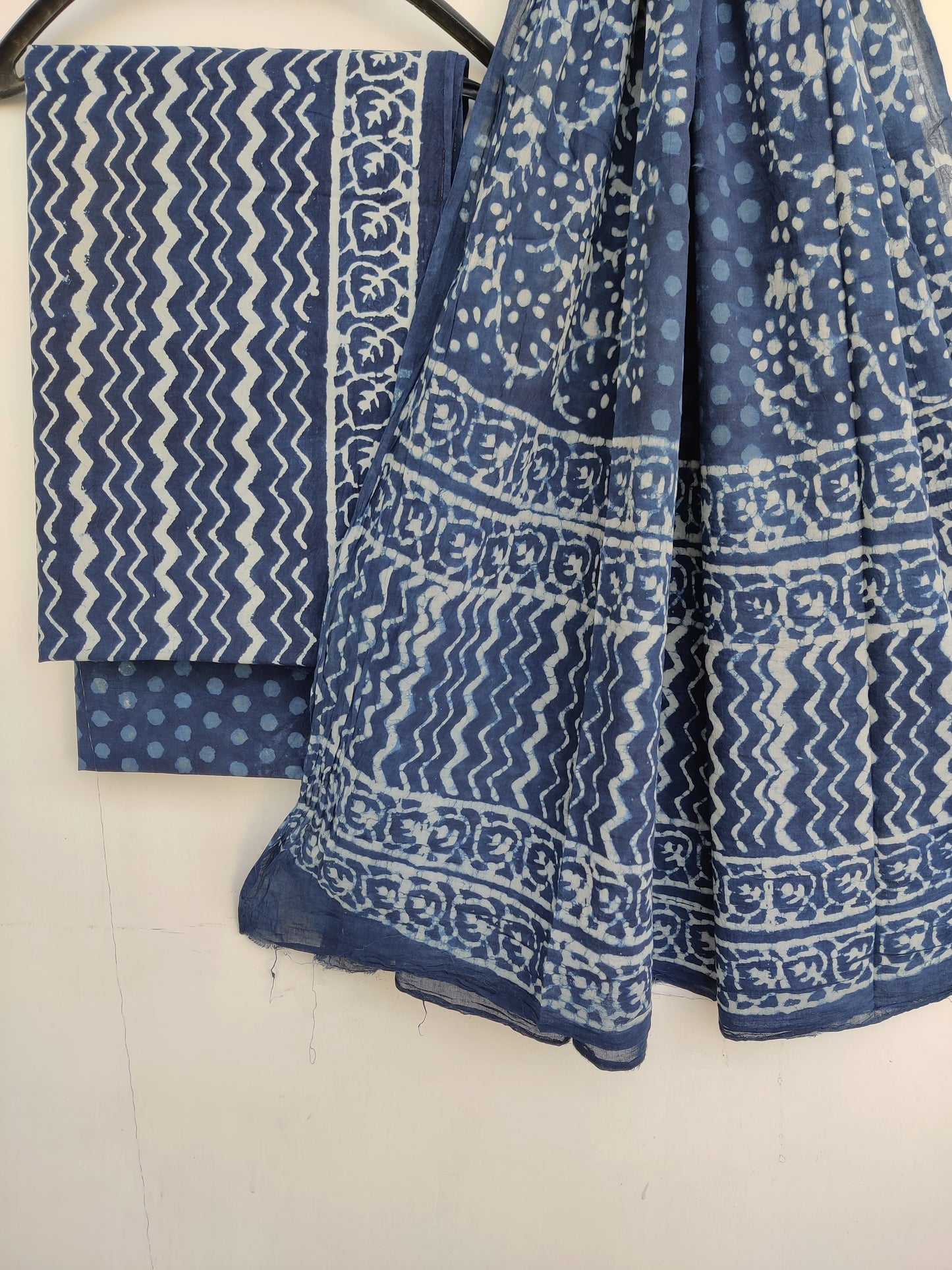 Indigo Cotton Block Printed Cotton Suit with mulmul cotton Dupatta