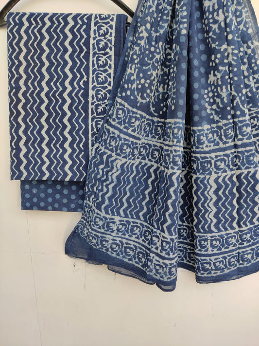 Indigo Cotton Block Printed Cotton Suit with mulmul cotton Dupatta