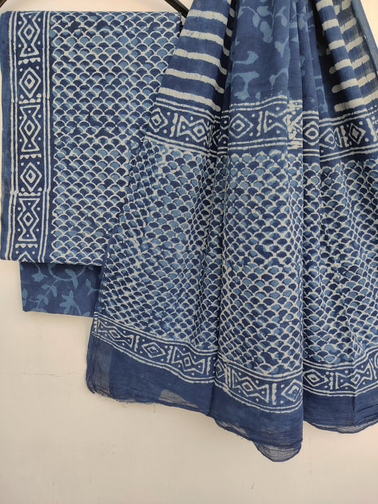 Indigo Cotton Block Printed Cotton Suit with mulmul cotton Dupatta
