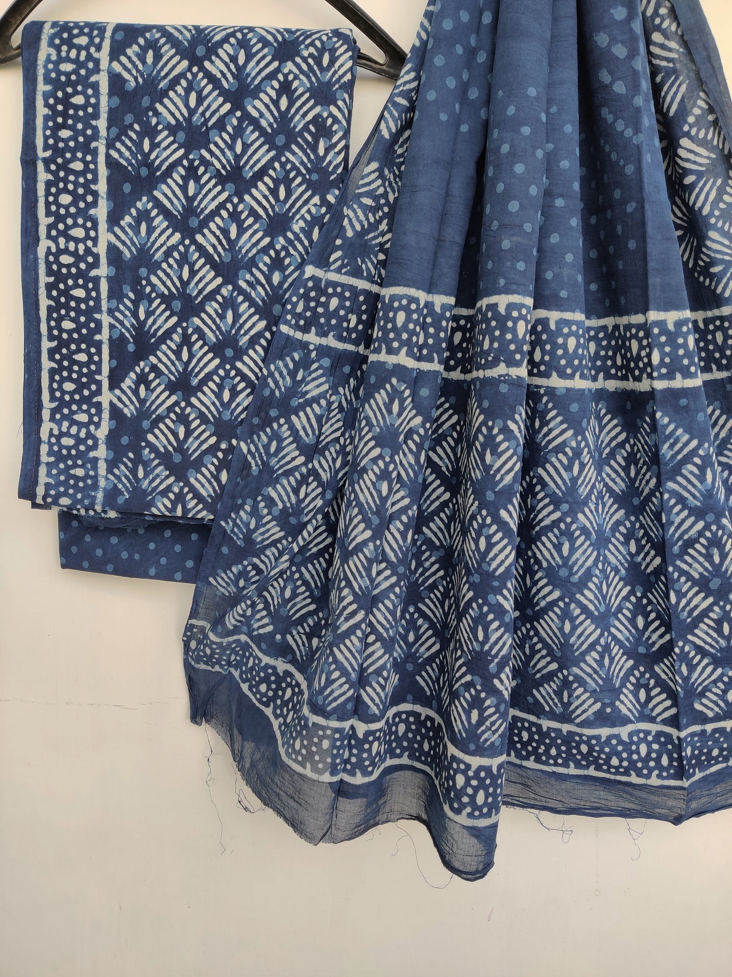 Indigo Cotton Block Printed Cotton Suit with mulmul cotton Dupatta