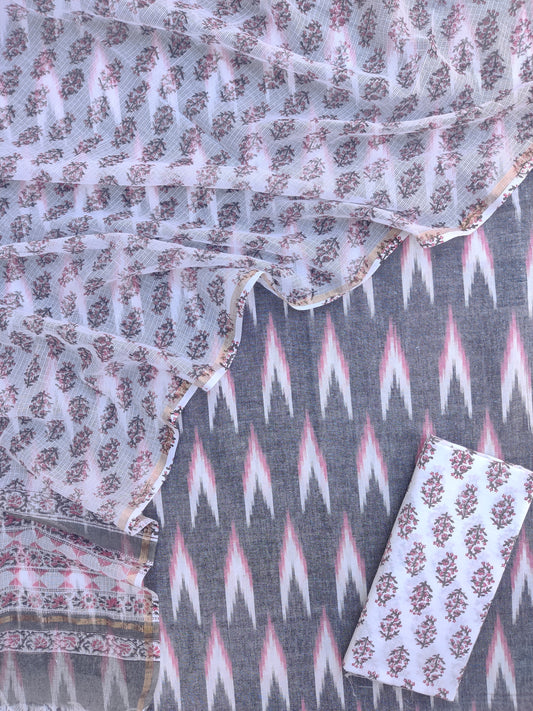 Handloom Weave Ikat Suit with Kota Doria Dupatta