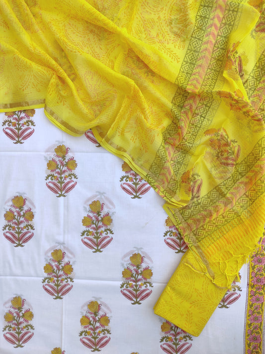 Hand Block Printed Cotton Suit with Cotton Kota Doria dupatta
