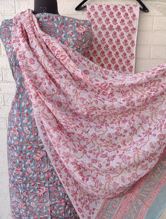 Cotton Block Printed Cotton Suit with mulmul cotton Dupatta