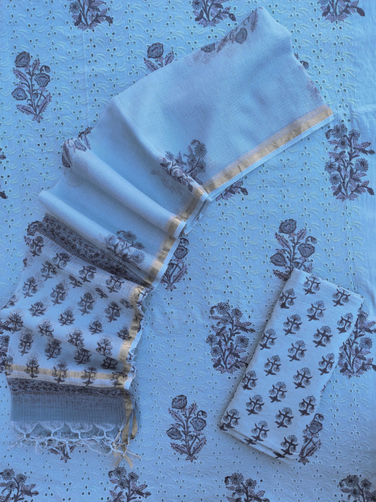 Hand Block Printed Cotton Schiffli Suit with Kota Doria Dupatta