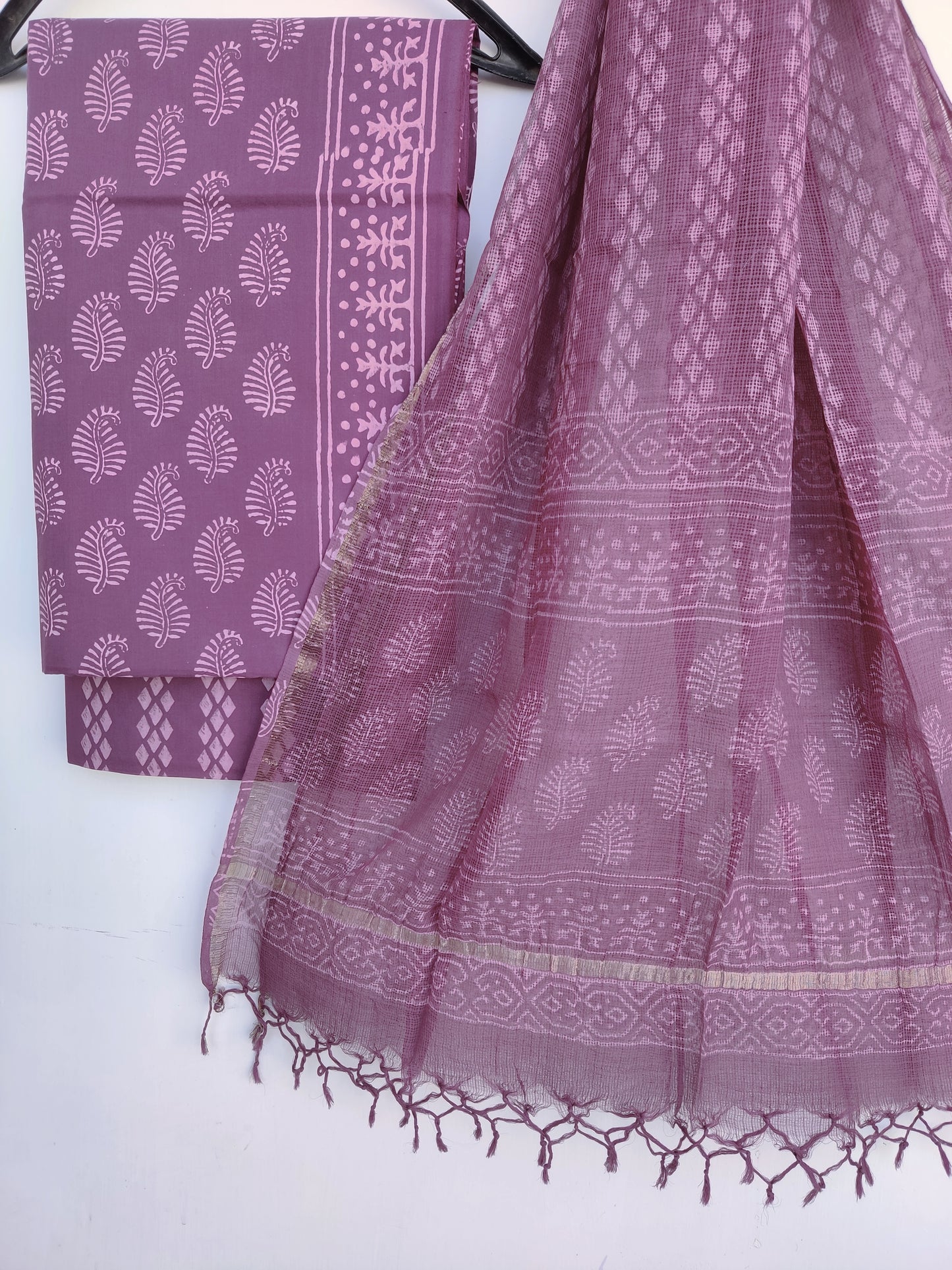 Discharge Hand Block Printed Cotton Suit with Cotton Kota Doria dupatta6.