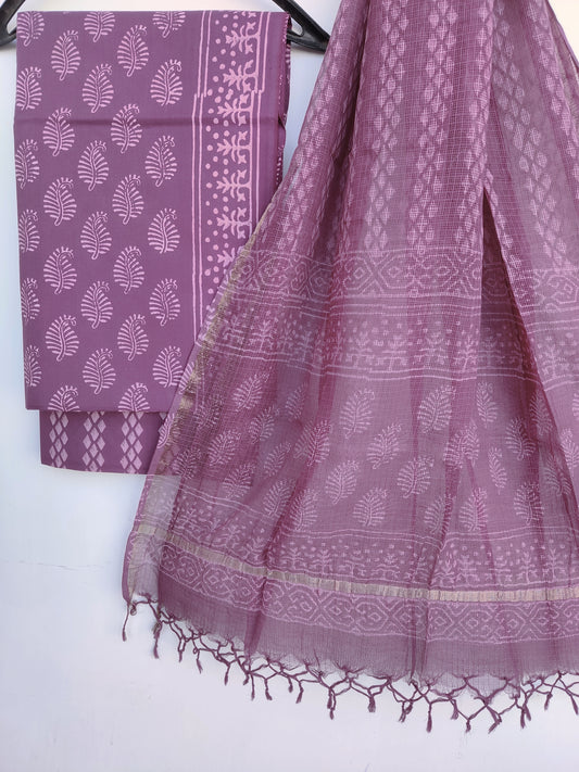Discharge Hand Block Printed Cotton Suit with Cotton Kota Doria dupatta6.