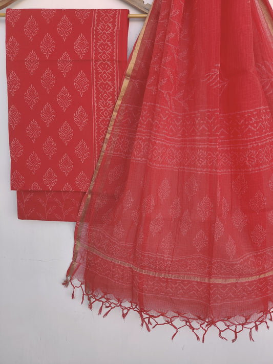 Discharge Hand Block Printed Cotton Suit with Cotton Kota Doria dupatta6.