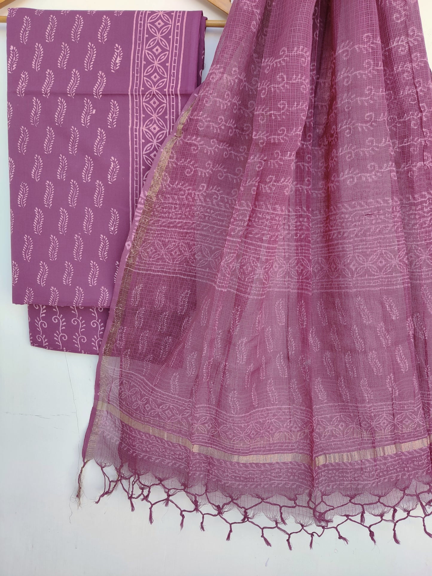 Discharge Hand Block Printed Cotton Suit with Cotton Kota Doria dupatta6.