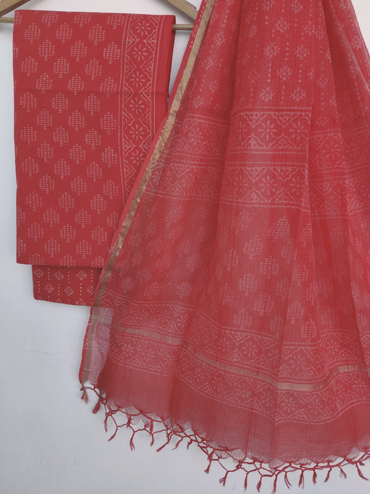 Discharge Hand Block Printed Cotton Suit with Cotton Kota Doria dupatta6.