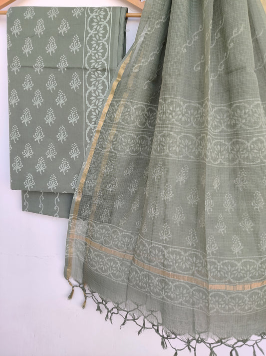 Discharge Hand Block Printed Cotton Suit with Cotton Kota Doria dupatta6.