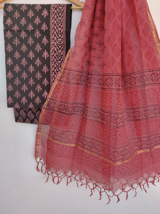 Discharge Hand Block Printed Cotton Suit with Cotton Kota Doria dupatta6.