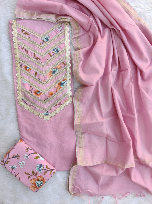 NEW LAUNCH ELEGANT CHANDERI NECK WORK SUIT SET WITH CHANDERI DUPATTA