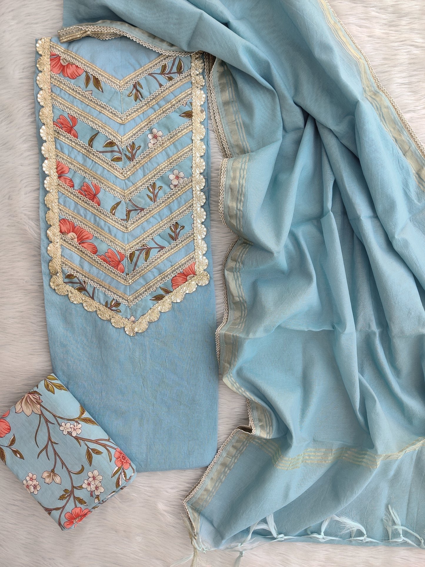 NEW LAUNCH ELEGANT CHANDERI NECK WORK SUIT SET WITH CHANDERI DUPATTA