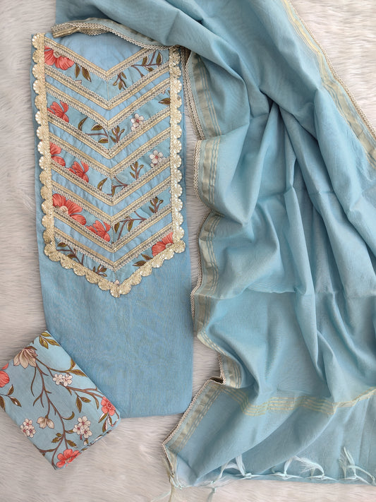 NEW LAUNCH ELEGANT CHANDERI NECK WORK SUIT SET WITH CHANDERI DUPATTA