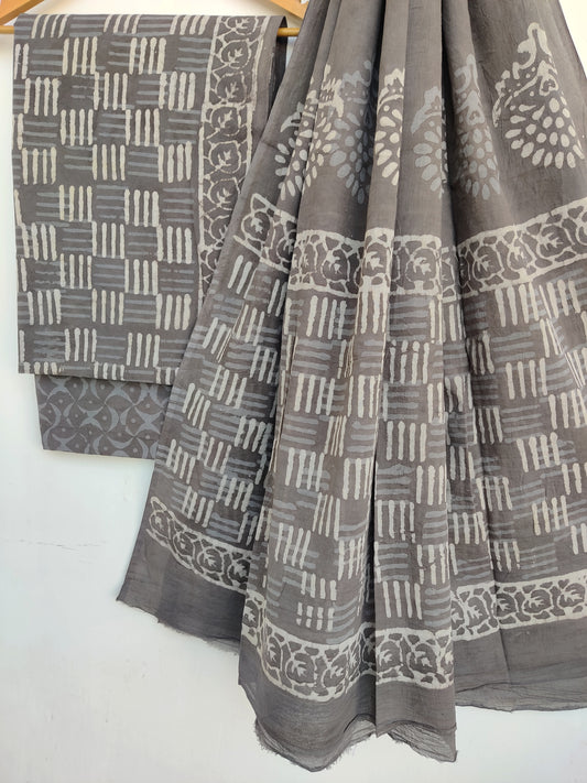 Dabu Hand Block Printed Cotton Suit With Mulmul Cotton Dupatta