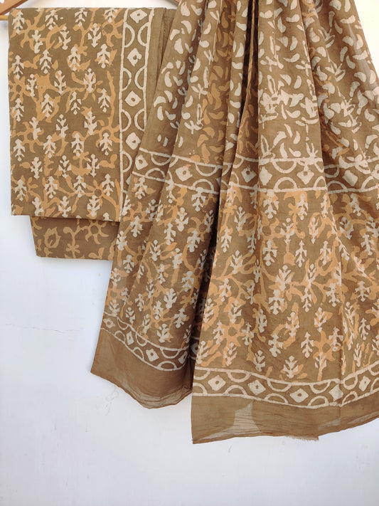Dabu Hand Block Printed Cotton Suit With Mulmul Cotton Dupatta
