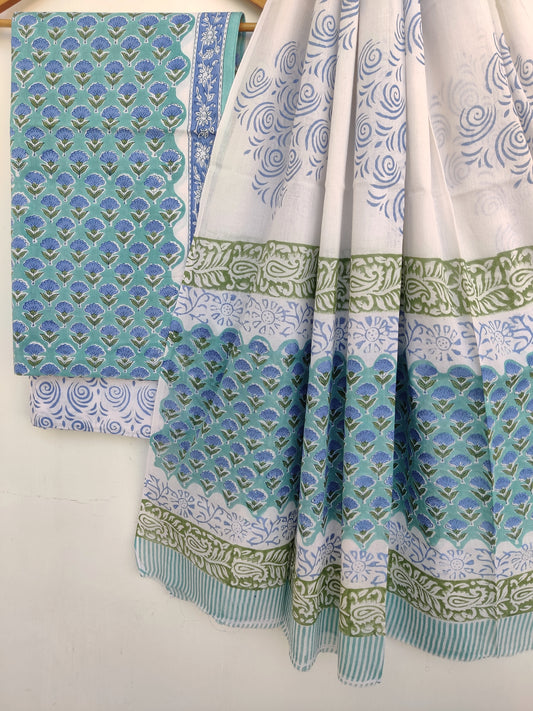 Hand Block Printed Cotton Suit With Mulmul Cotton Dupatta