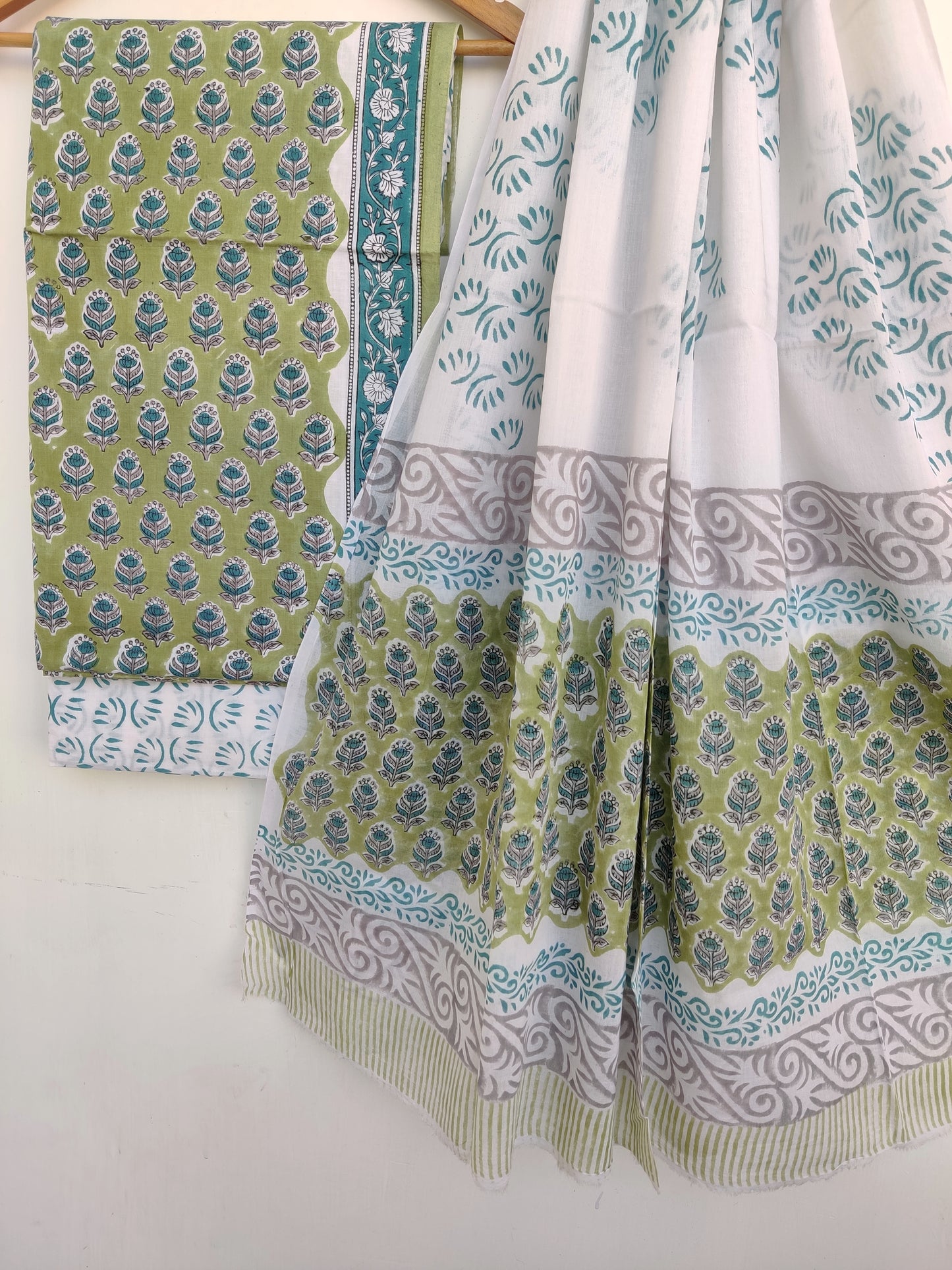 Hand Block Printed Cotton Suit With Mulmul Cotton Dupatta