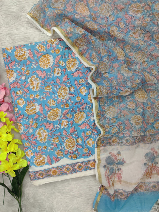 (All over) Hand Block Printed Cotton Suit with Cotton Kota Doria dupatta