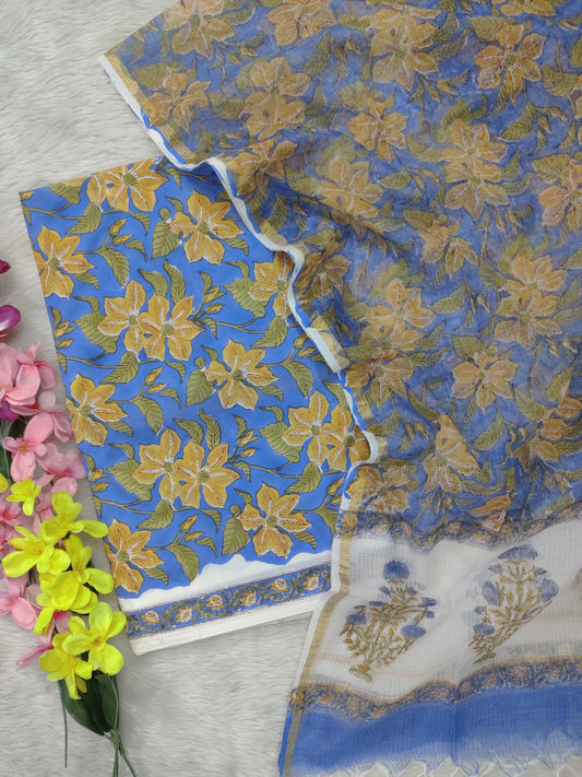(All over) Hand Block Printed Cotton Suit with Cotton Kota Doria dupatta