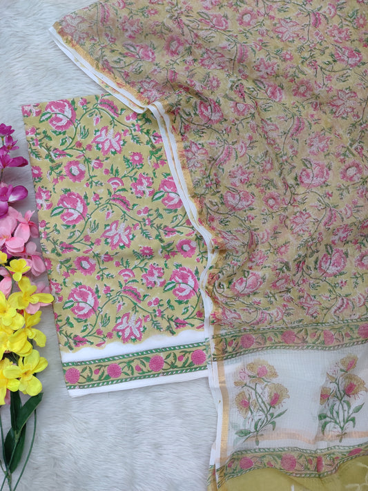(All over) Hand Block Printed Cotton Suit with Cotton Kota Doria dupatta
