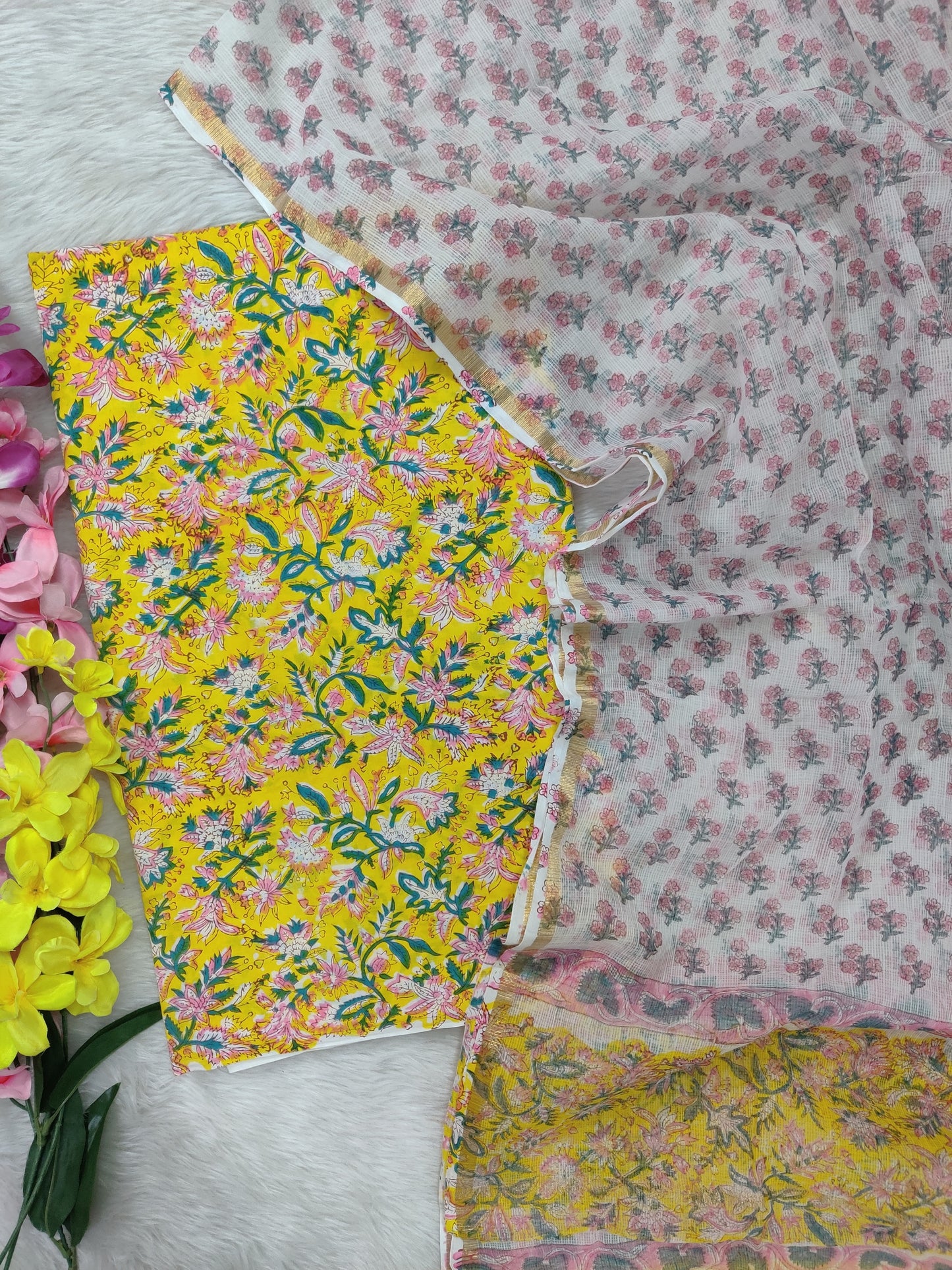(All over) Hand Block Printed Cotton Suit with Cotton Kota Doria dupatta