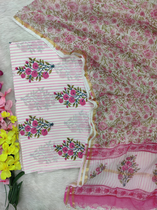 (All over) Hand Block Printed Cotton Suit with Cotton Kota Doria dupatta