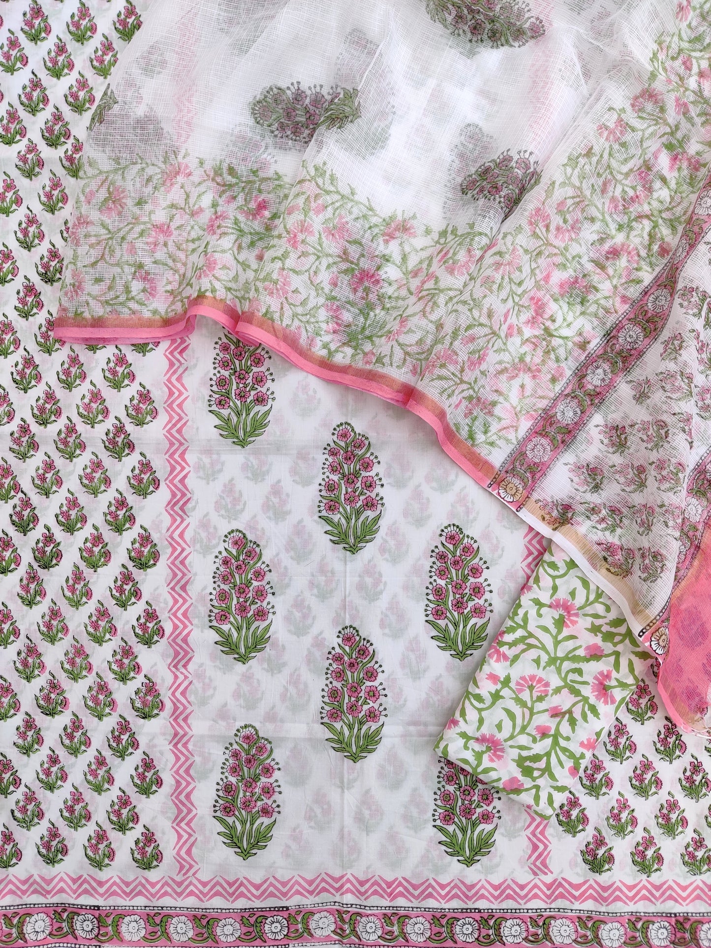 Boota Hand Block Printed Cotton Suit with Cotton Kota Doria dupatta
