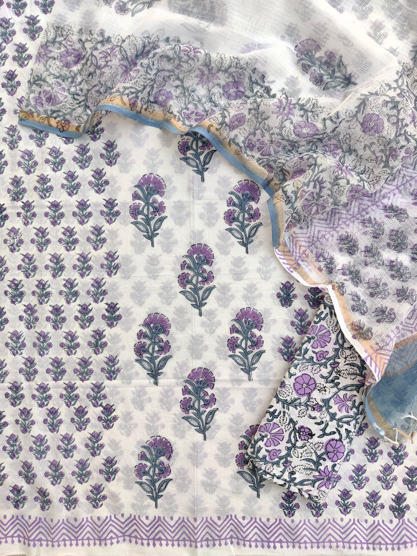 (BOOTA) Hand Block Printed Cotton Suit with Cotton Kota Doria dupatta