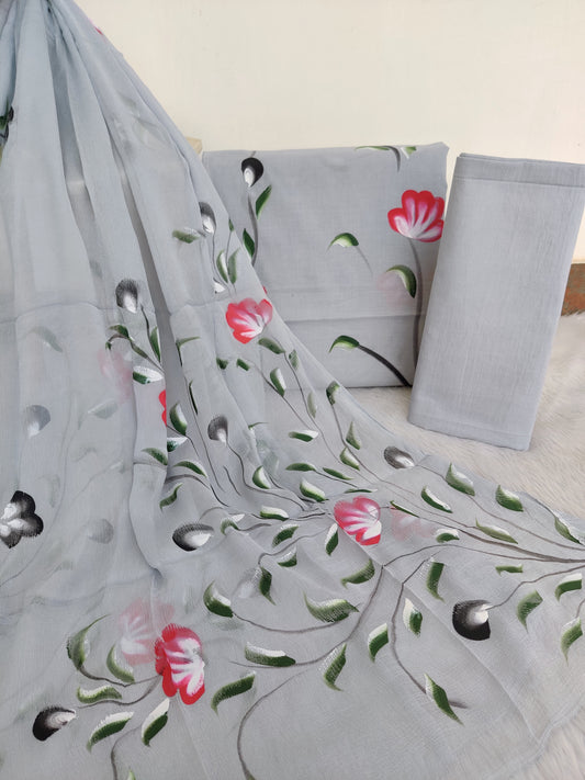 HAND PAINTED COTTON SUIT WITH PURE CHIFFON DUPATTA
