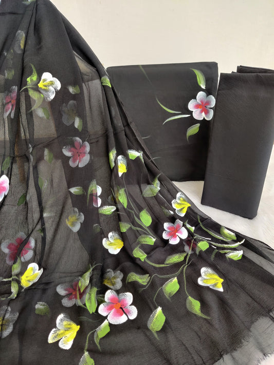 HAND PAINTED COTTON SUIT WITH PURE CHIFFON DUPATTA