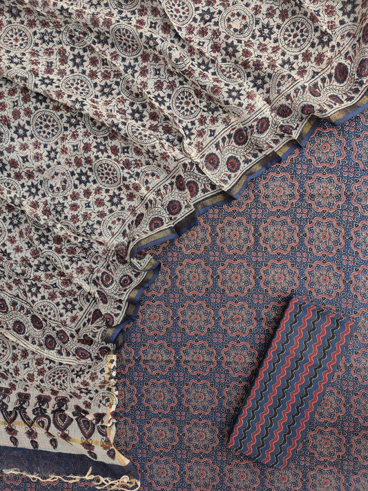 AJRAKH Printed Cotton Suit with Cotton Kota Doria dupattta