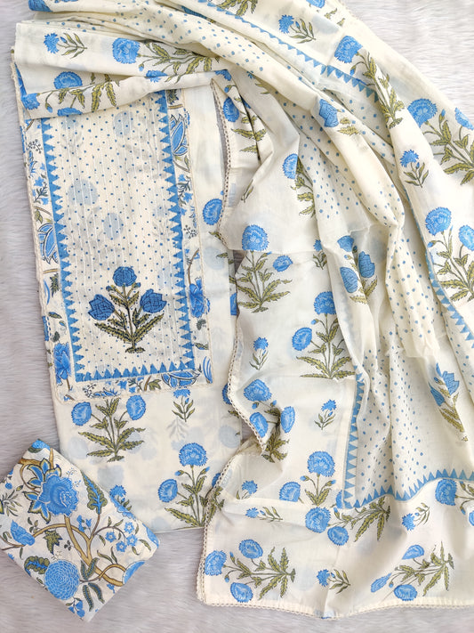 Exclusive Cotton Printed Neck Work Suits with mulmul dupatta