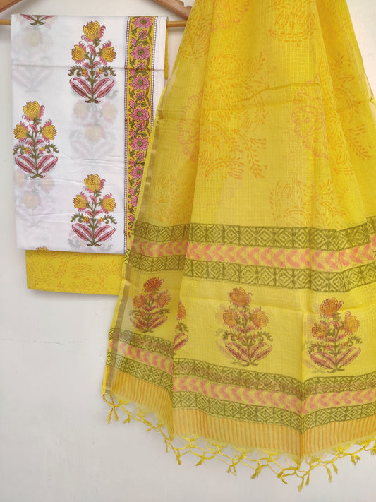Hand Block Printed Cotton Suit with Cotton Kota Doria dupatta