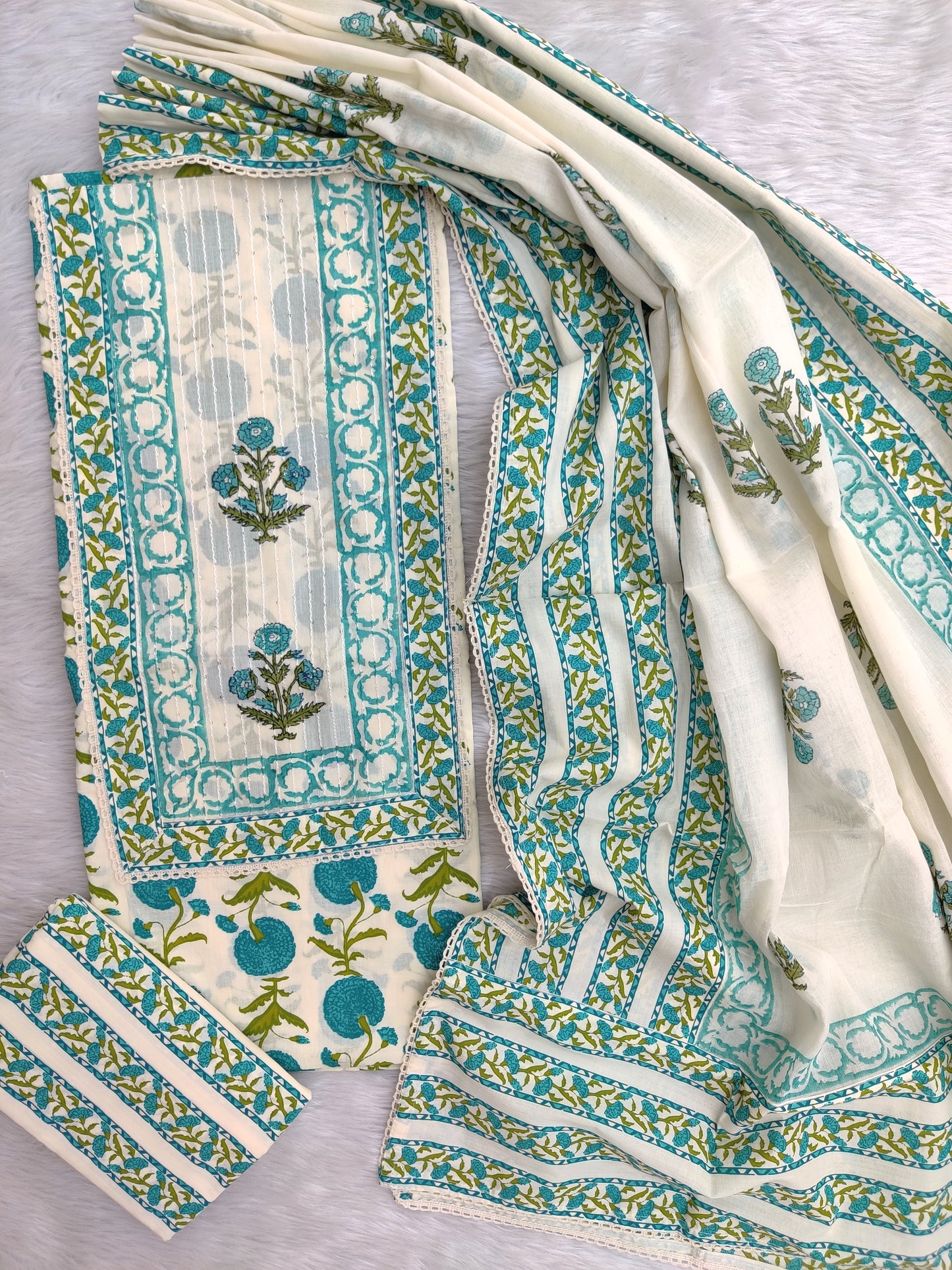 Exclusive Cotton Printed Neck Work Suits with mulmul dupatta