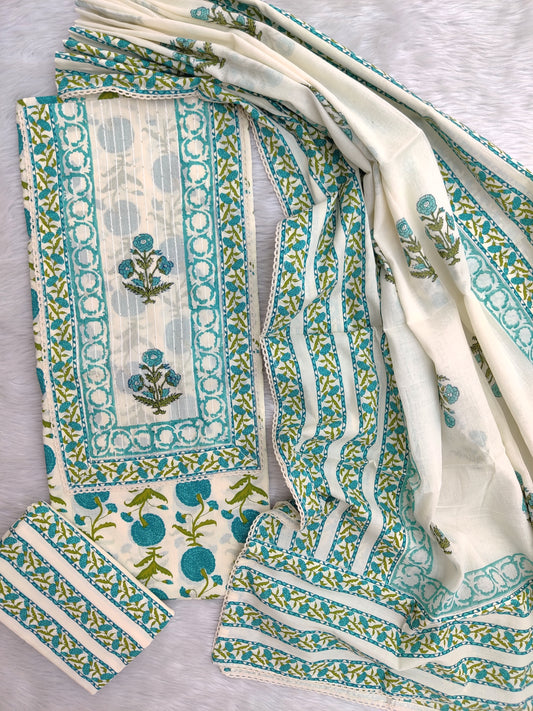 Exclusive Cotton Printed Neck Work Suits with mulmul dupatta