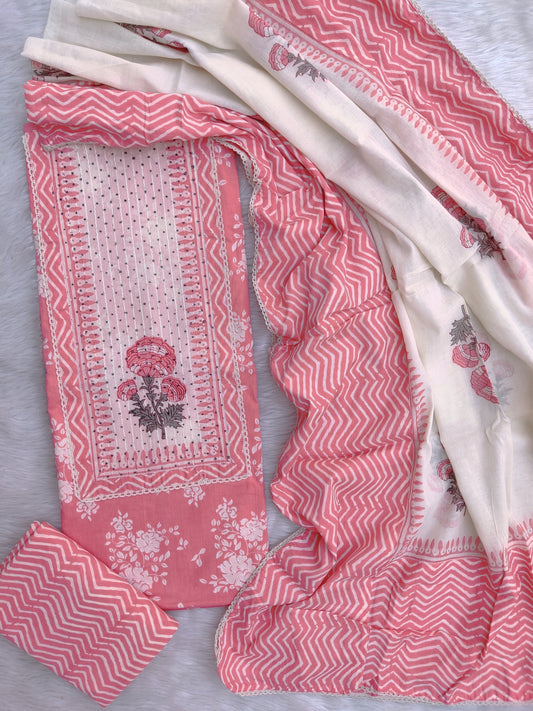 Exclusive Cotton Printed Neck Work Suits with mulmul dupatta