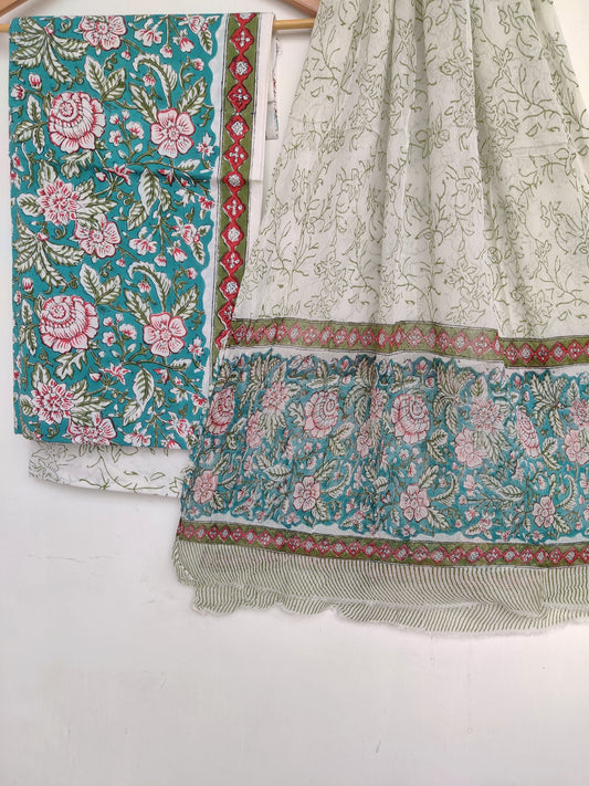 (SALE) HAND BLOCK PRINTED COTTON SUIT WITH PURE CHIFFON DUPATTA