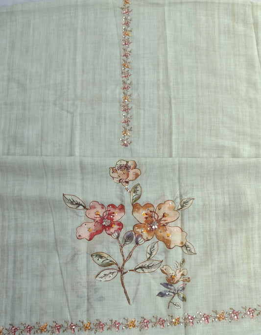 Exclusive Unstitched Linen Neck Work Suits with Linen Digital Printed Dupatta