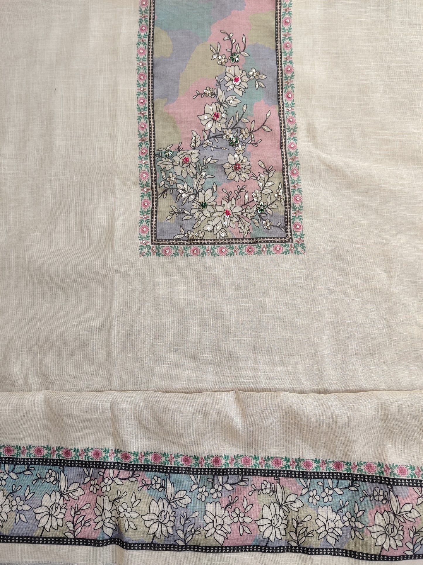 Exclusive Unstitched Linen Neck Work Suits with Linen Digital Printed Dupatta
