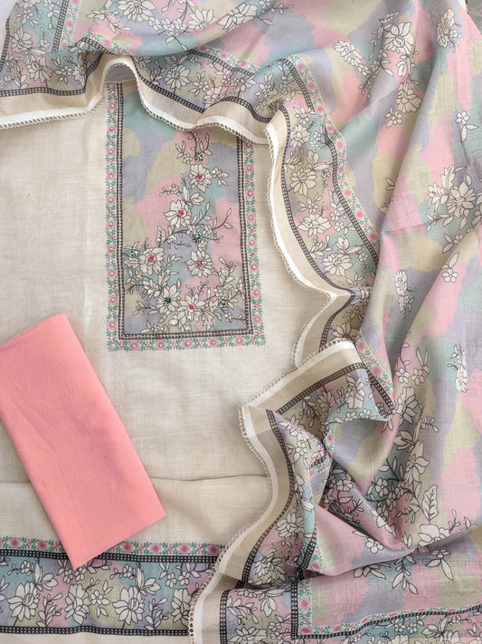 Exclusive Unstitched Linen Neck Work Suits with Linen Digital Printed Dupatta