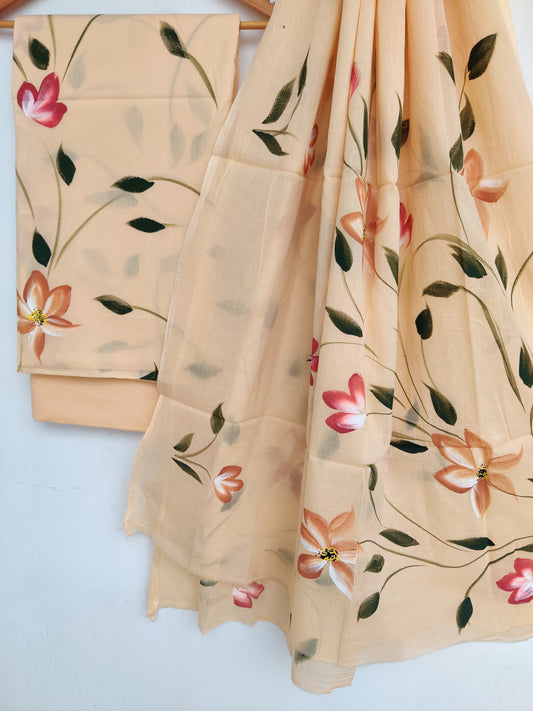 (SALE) Hand Painted Cotton Suit With Mulmul Cotton Dupatta