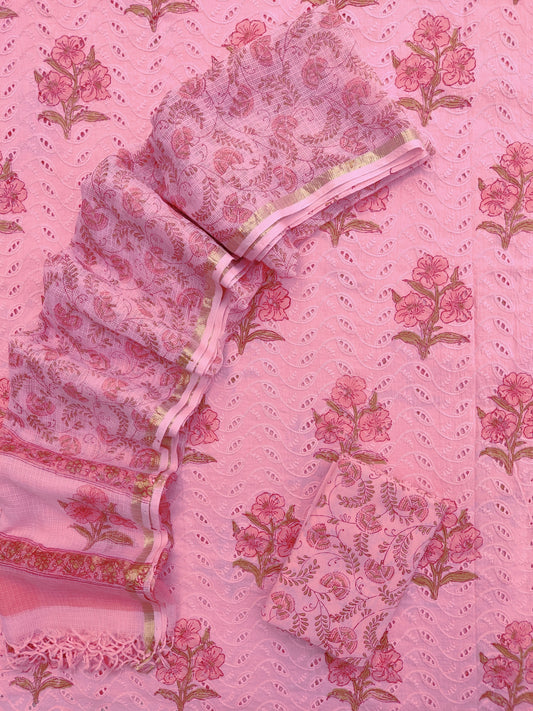 Hand Block Printed Cotton Schiffli Suit with Kota Doria Dupatta