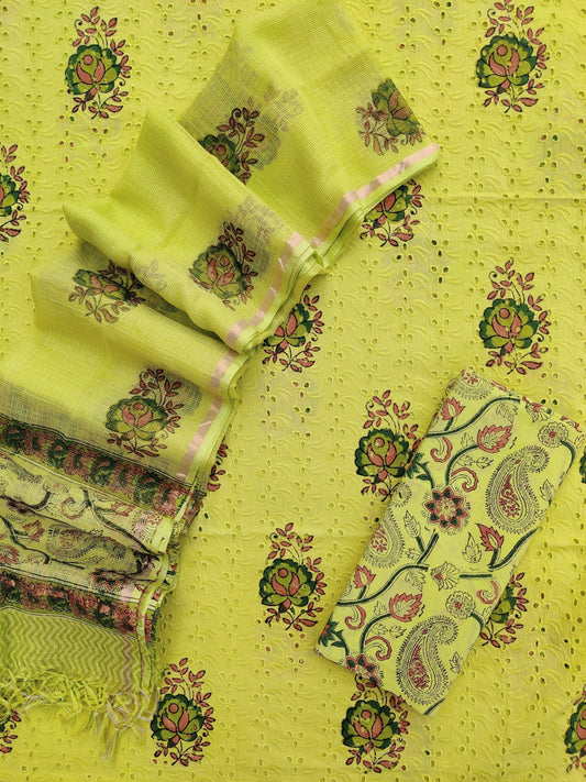 Hand Block Printed Cotton Schiffli Suit with Kota Doria Dupatta