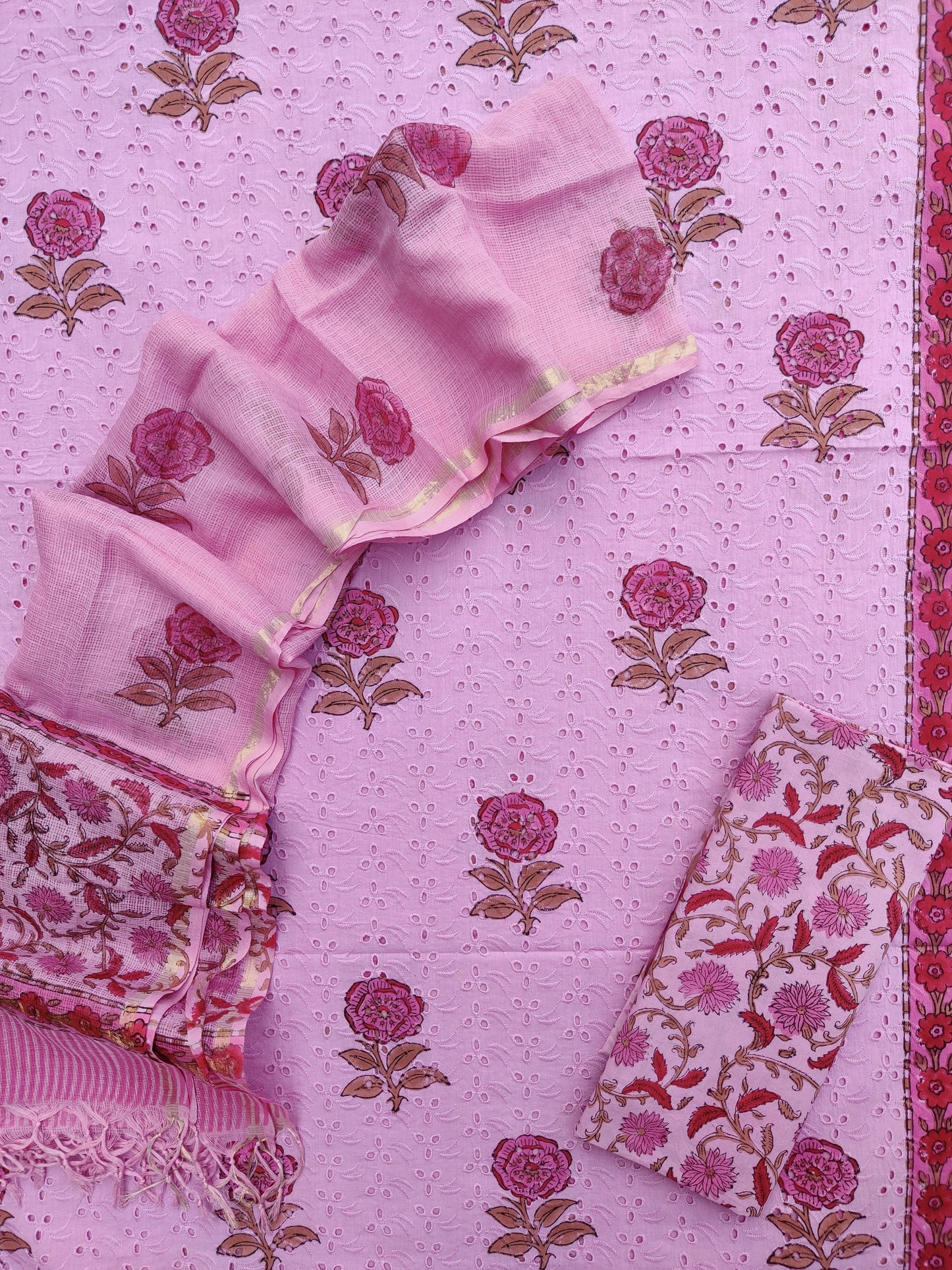 Hand Block Printed Cotton Schiffli Suit with Kota Doria Dupatta