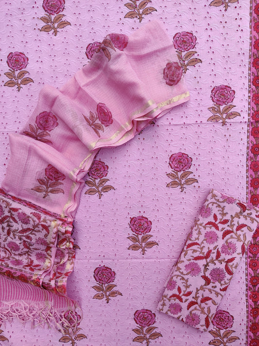 Hand Block Printed Cotton Schiffli Suit with Kota Doria Dupatta