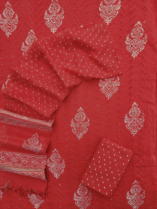 Hand Block Printed Cotton Schiffli Suit with Kota Doria Dupatta