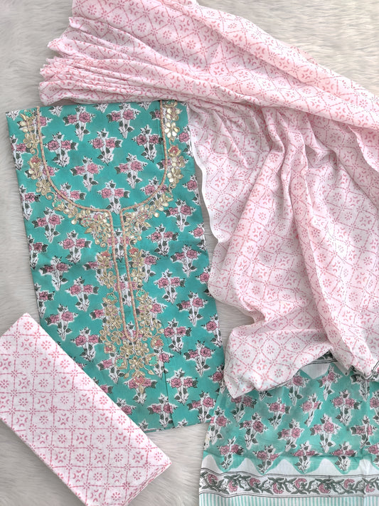 (SALE) FLORAL PRINTED COTTON GOTA PATTI SUIT WITH COTTON DUPATTA