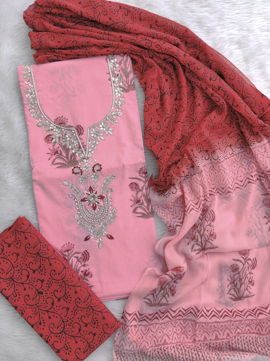 (SALE) FLORAL PRINTED COTTON GOTA PATTI SUIT WITH CHIFFON DUPATTA