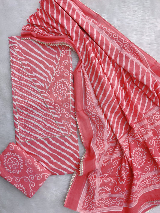 (SALE) Exclusive Cotton Printed Neck Work Suits with mulmul dupatta
